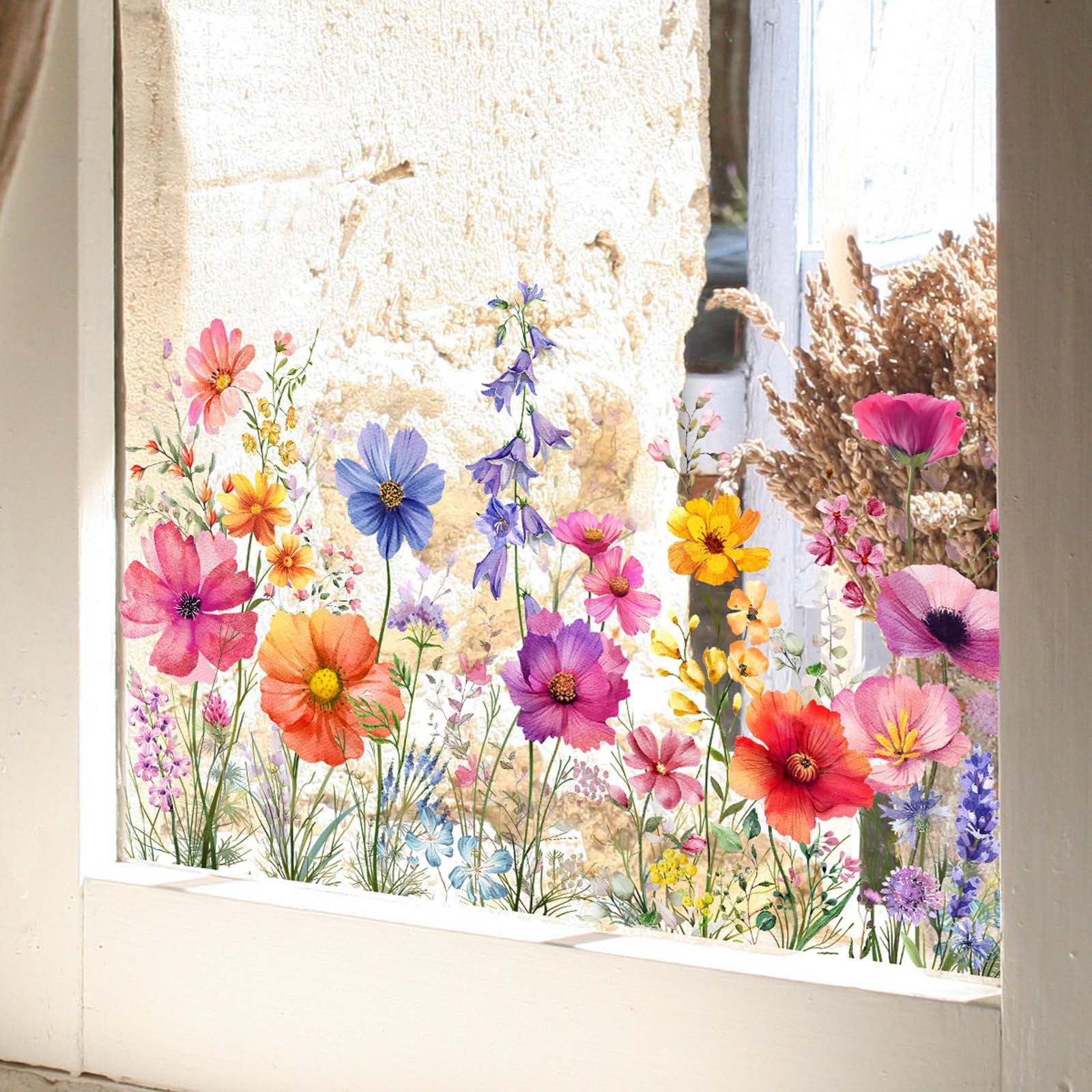 Colorful Floral Bouquet Window Sticker, 2025 New Flower Window Clings for Glass Windows, Floral Pattern Window Sticker, Wild Flower Window Decal, Floral Window Film Spring Widnow Clings